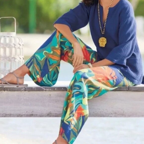 SOFT SURROUNDINGS Aliso Point Tropical Linen Wide Leg Pull On Pants Sz XL Petite - Picture 1 of 16